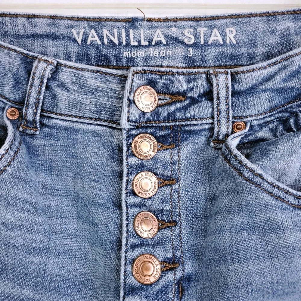 Vanilla Star Mom Jeans Blue Mid Rise Distressed Button Fly Junior's Size 3 - Picture 2 of 7